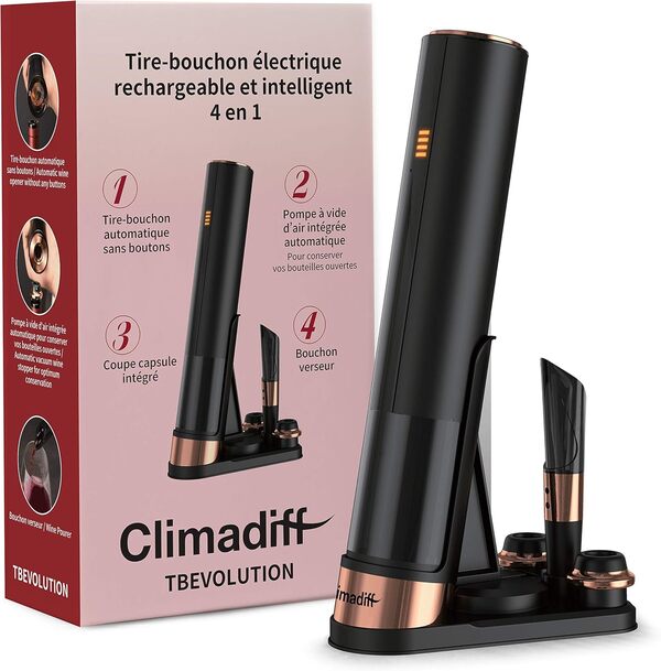 Climadiff - Tire-Bouchon Électronique Rechargeable 4 en 1 - Ouvre-Bouteille Automatique avec Pompe Vide Air + 2 Bouchons Conservateur + Coupe-Capsule + Bouchon Verseur à vin Aérateur