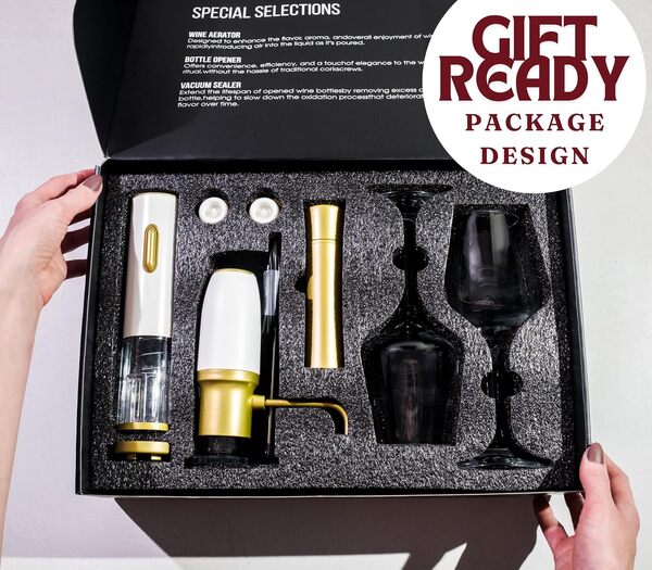 Ensemble d'accessoires pour vin – Ouvre-vin électrique rechargeable, aérateur de vin, pompe à vide et bouchons, coupe-capsule – Cadeaux pour femmes, amateurs de vin, pendaison de crémaillère (blanc et