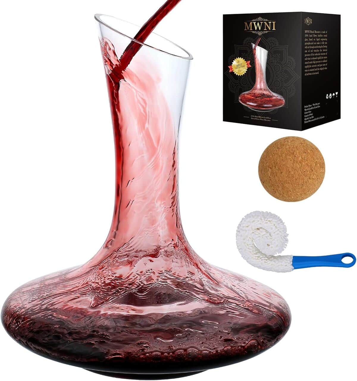 Test : mWNI carafe à vin en cristal, décanteur avec bouchon et brosse (1800 ml)