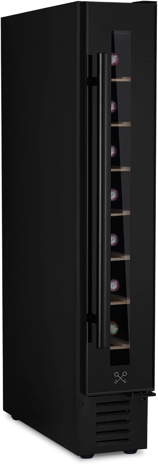 LES PETITS CHAMPS Cave à Vin Encastrable 7 Bouteilles CAVSEB7 Black Edition, Capacité 22L, Acier Inoxydable, Réglable de 5°C à 22°C, Système Thermodynamique, Éclairage LED, Anti-UV, 6 étagères [Classe énergétique G]