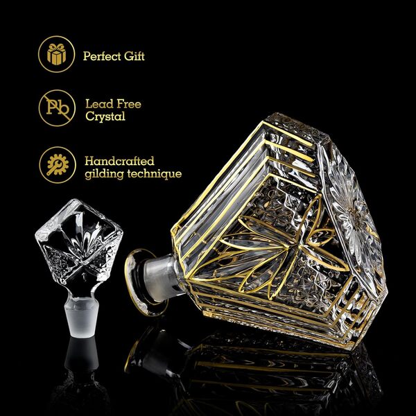 Ensemble de carafe dorée peinte à la main pour homme – Carafe à whisky, aérateur de vin et verres – Cadeau parfait pour bourbon, bouteilles de liqueur et carafe à tequila avec carafe en verre et