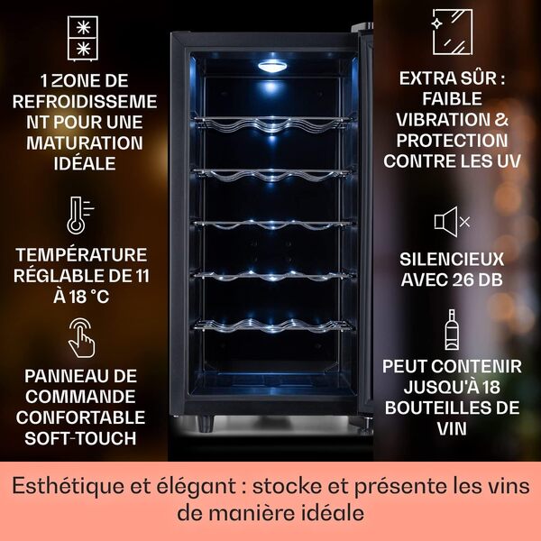 KLARSTEIN Cave a Vin Vieillissement, Réfrigérateur sur Pieds avec Porte en Verre, Prosecco, Bière, Ecran Tactile, Bar, Frigo, Protection UV, 11-18°C, 18 Bouteilles [Classe énergétique G]