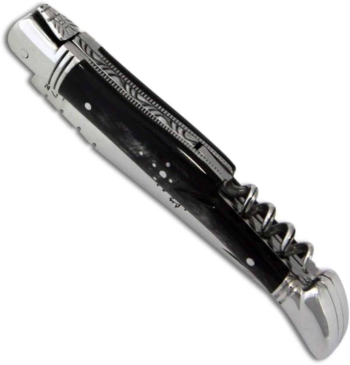 Test du couteau Laguiole Actiforge : manche en corne noire et tire-bouchon