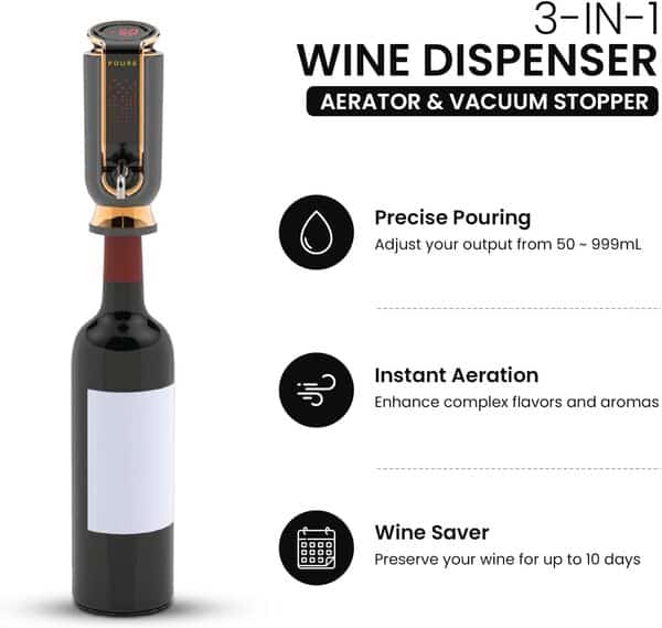 POURÉ Distributeur de vin 3 en 1 aérateur et bouchon sous vide – Décanteur de liqueur électrique et conservateur – Affichage LED à écran tactile – Moniteur de température du vin – Cadeau pour les
