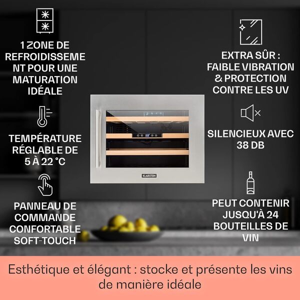 Klarstein Cave a Vin Encastrable, Caves à Vin de Conservation de 57L, Porte en Verre, Cave a Vins à Zone Unique, Bar Int/Ext, Frigo Vin, Cave a Vin de Vieillissement, Cave à Vin 24 Bouteilles [Classe énergétique B]