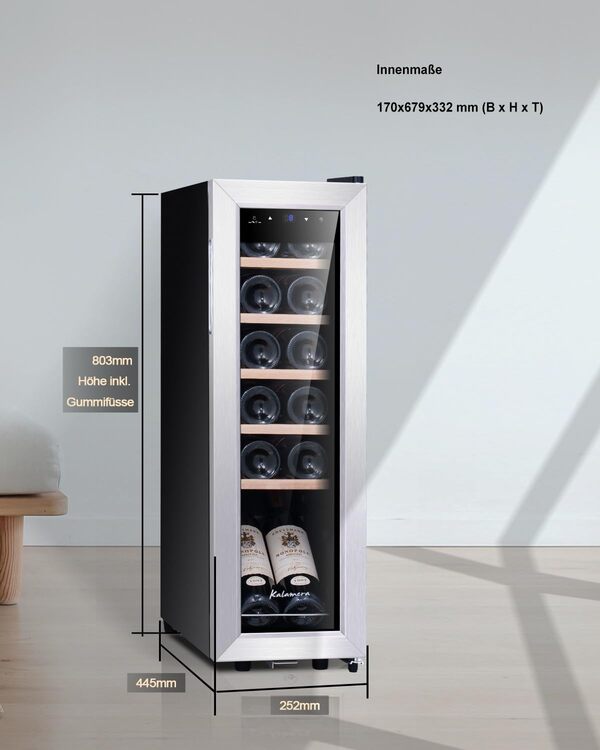 Kalamera KRC-35FCSS Réfrigérateur à vin 12 bouteilles 35 litres Petite armoire climatique avec compresseur 5-18°C [Classe énergétique G]