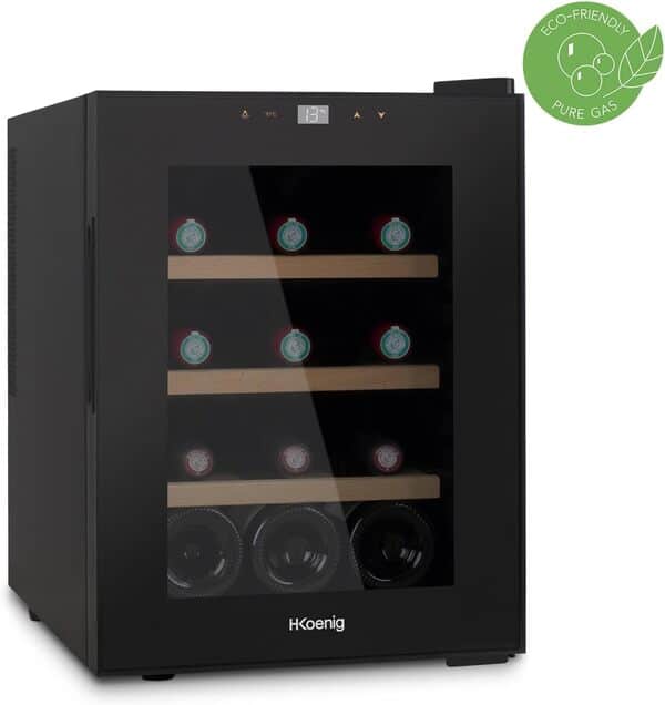 H.Koenig Cave à Vin de Conservation 12 bouteilles AGE12, 31 L, Thermoélectrique, Réglable de 8°C à 18°C, Eclairage intérieur, 3 Etagères, Noir [Classe énergétique G]