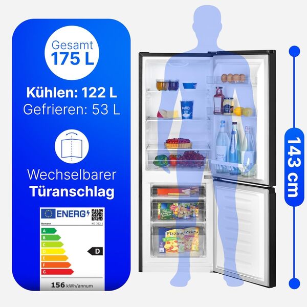 Bomann Réfrigérateur et congélateur 175L Noir KG322-1-noir, Capacité nette : 175 litres, Contrôle de la température en continu, Charnières de porte à droite, interchangeables, Pieds réglables [Classe énergétique D]