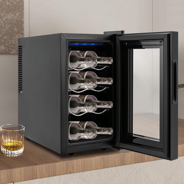 Fliuyr Refroidisseur à Vin Pour 8 Bouteilles - Mini Compresseur - Réfrigérateur à Vin 46,4 à 64,4 °F - Réglage de la Température Ajustable - Cave à Vin Autoportante Pour Rouge