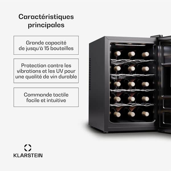 Klarstein Cave à vin sur pied 1 zone, Petit réfrigérateur à boissons, Petite cave à vin avec porte vitrée, Réfrigérateur à boissons intérieur/extérieur, cave à vin, 15 bouteilles