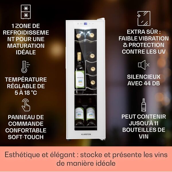 Klarstein Cave a Vin, Caves à Vin de Conservation de 32L, Porte en Verre, Cave a Vins à Zone Unique, Bar Int/Ext, Frigo Vin, Armoire a Vin, Cave a Vin de Vieillissement, Cave à Vin 12 Bouteilles