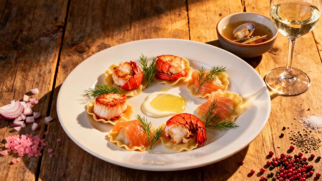 Délices marins : médaillons de homard et ravioles au saumon