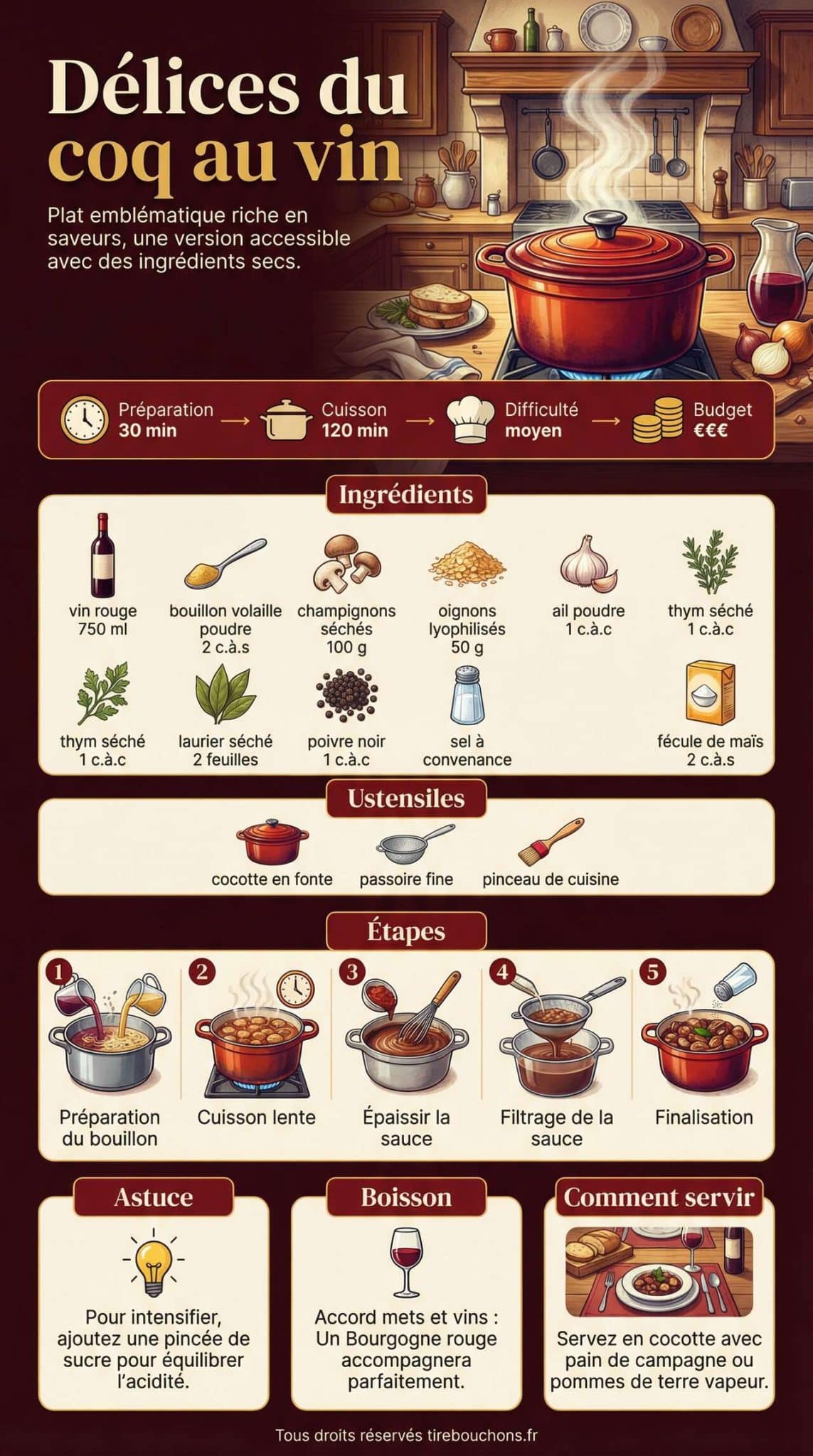 Infographie de la recette D&eacute;lices du coq au vin