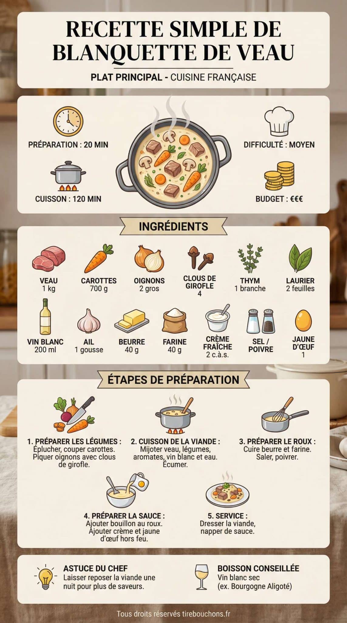 Infographie de la recette Recette simple de blanquette de veau Infographie de la recette Recette simple de blanquette de veau