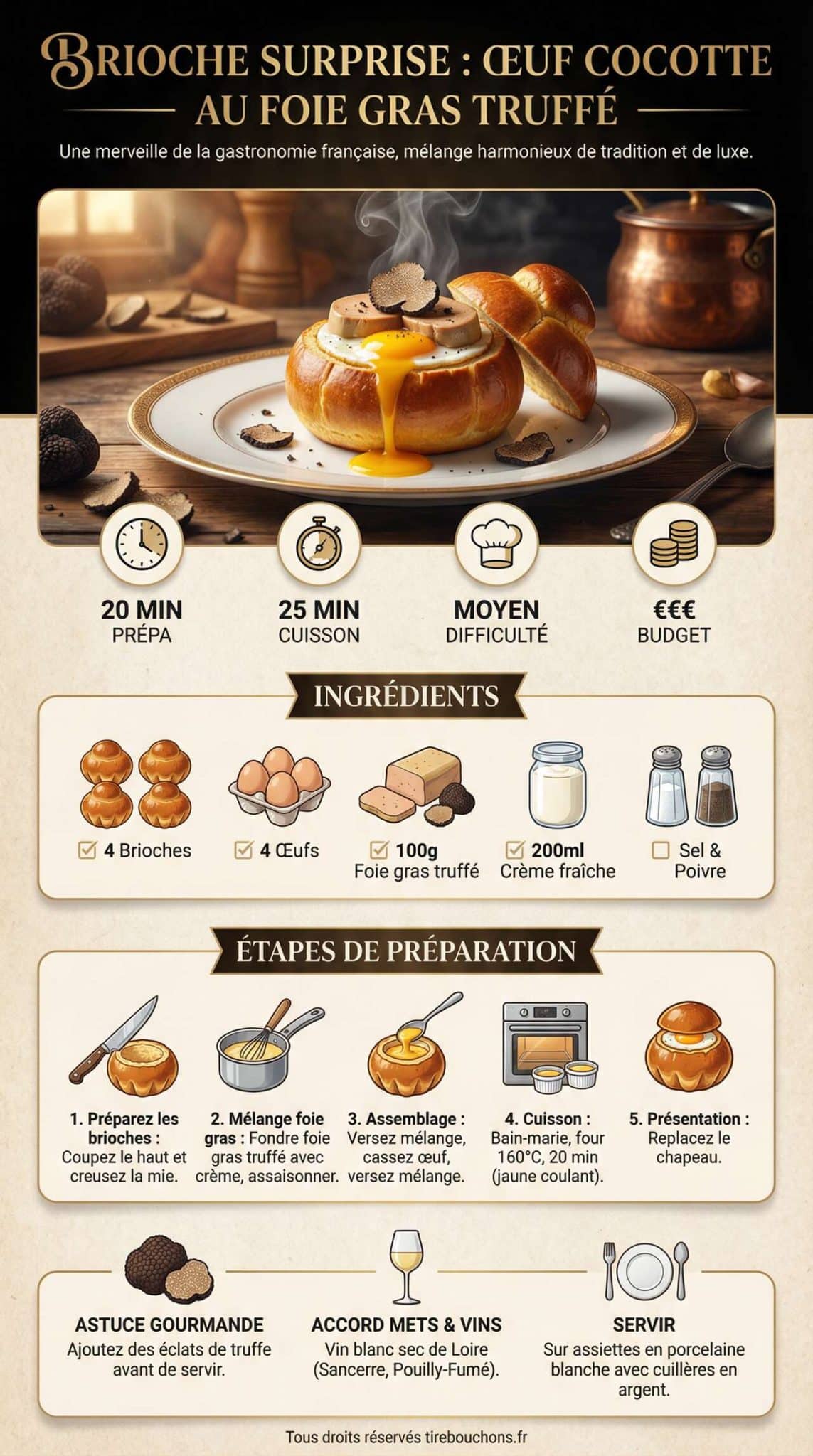 Infographie de la recette Brioche surprise : œuf cocotte au foie gras truffé Infographie de la recette Brioche surprise : œuf cocotte au foie gras truffé