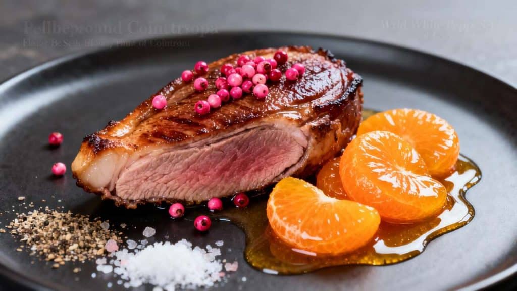 Délice de canard aux baies roses et mandarines poêlées