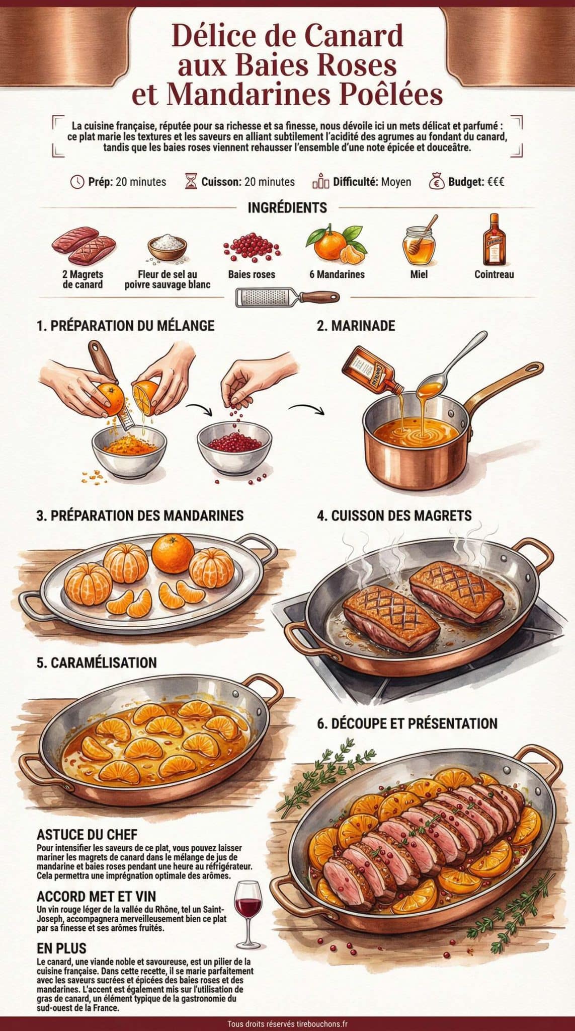 Fiche recette D&eacute;lice de canard aux baies roses et mandarines po&ecirc;l&eacute;es