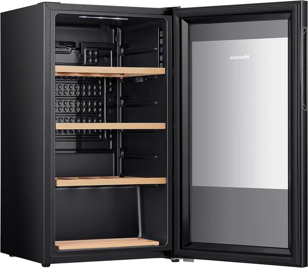 Hisense MWC4894GF – Cave à Vin 30 Bouteilles, Monotemperature, Vitres Anti-UV, Étagères en Bois, Écran Tactile, Éclairage LED, Année 2023