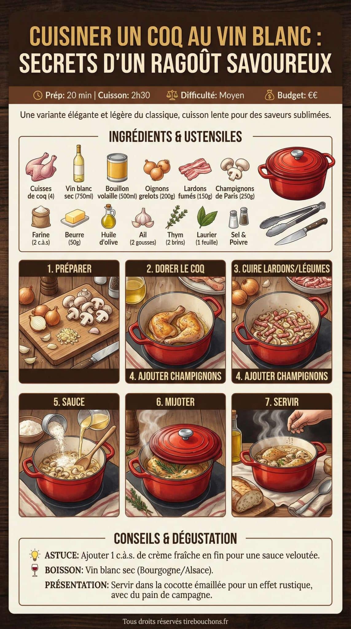 Fiche recette Cuisiner un coq au vin blanc : secrets d'un rago&ucirc;t savoureux