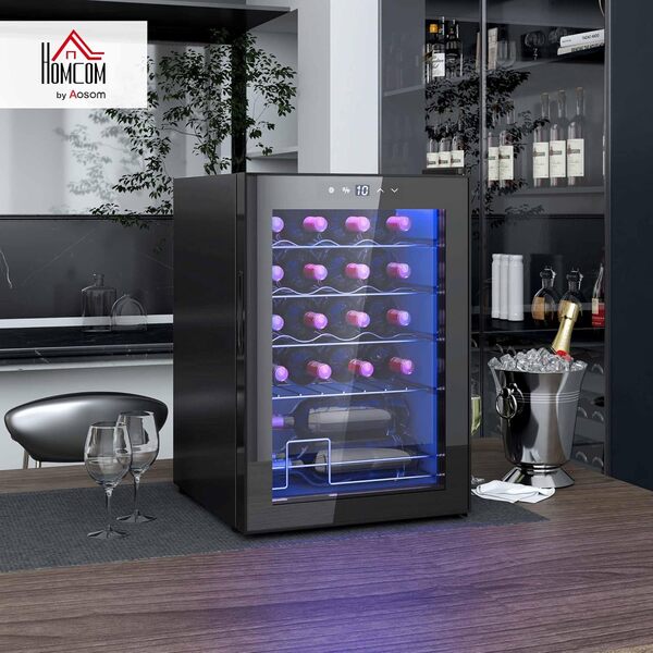 HOMCOM Cave à vin 20 bouteilles 53L réfrigérateur à vin silencieux avec porte en verre, éclairage LED, écran tactile numérique, frigo vin contrôle de la température 5-18°C, protection UV, noir [Classe énergétique G]