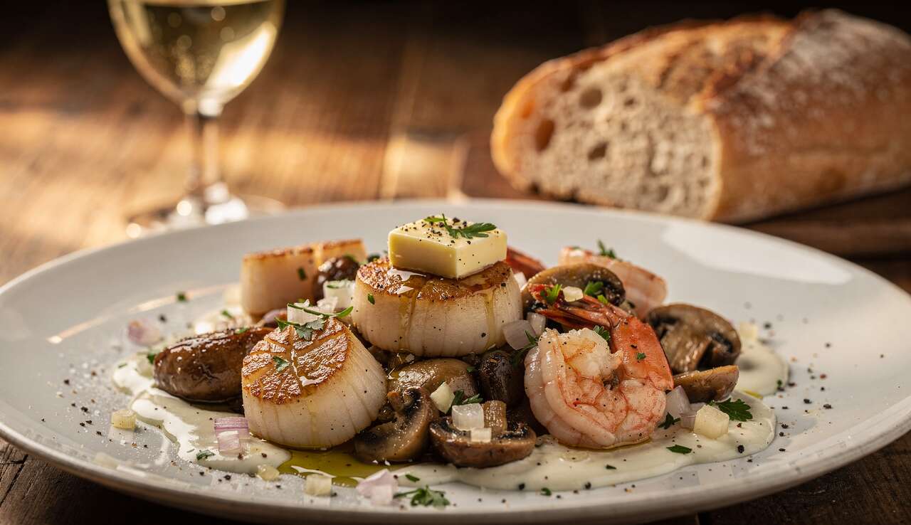 Délice marin : saint-Jacques, crevettes et champignons