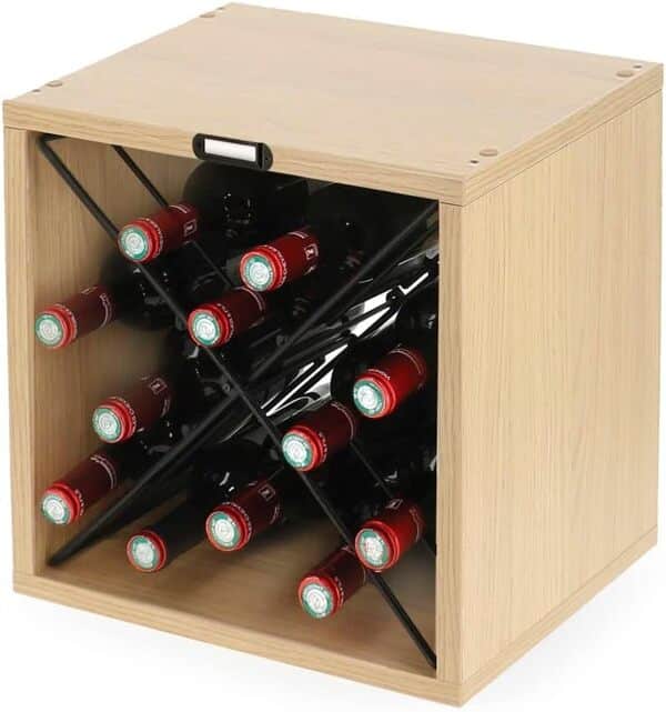 Compactor – Range Bouteilles empilable pour 12 Bouteilles, Coloris Bois Naturel et Croix en métal (Lot de 4)