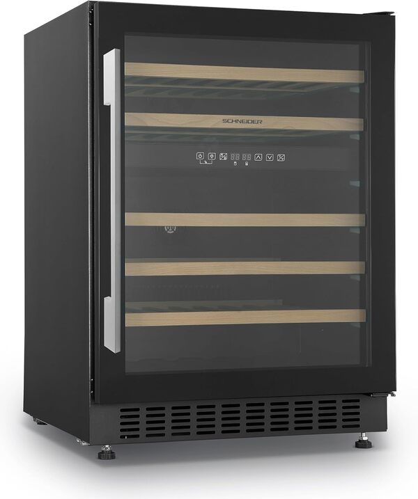 Schneider SCCVEF6246, Cave à vin encastrable, 46 bouteilles, 5 clayettes coulissantes, Froid brassé, 2 zones de températures, Mise en température, Porte traitée anti-UV