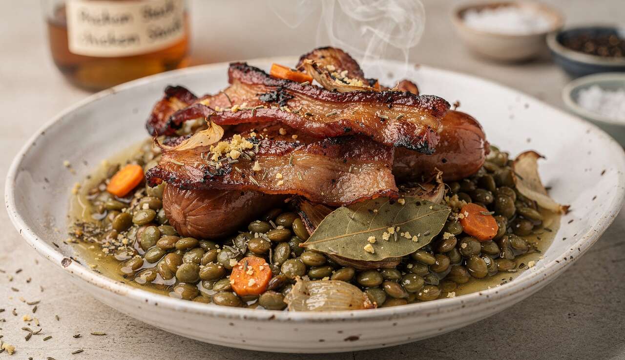 Délice fumé : saucisses et lard aux lentilles