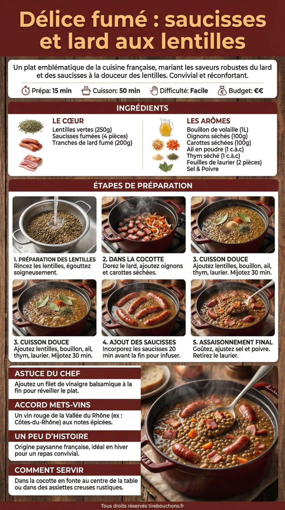 Fiche recette D&eacute;lice fum&eacute; : saucisses et lard aux lentilles