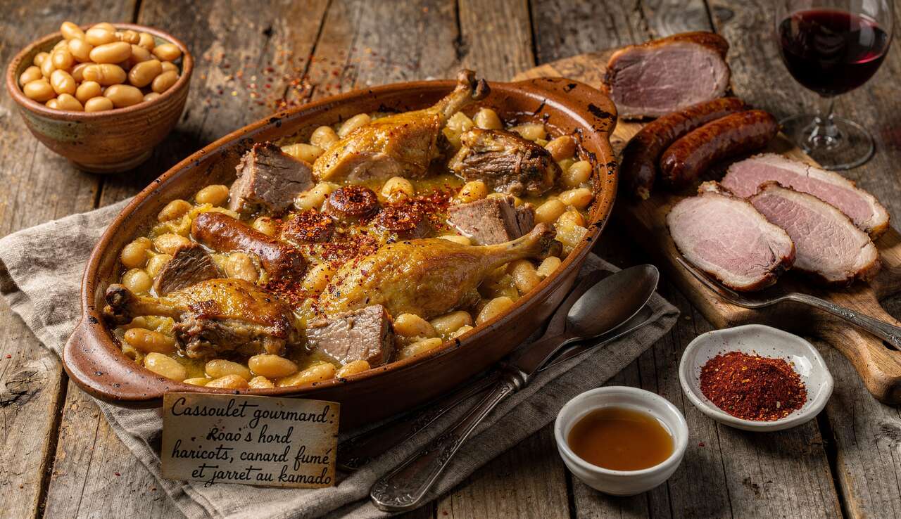 Cassoulet gourmand : haricots, canard fumé et jarret au kamado