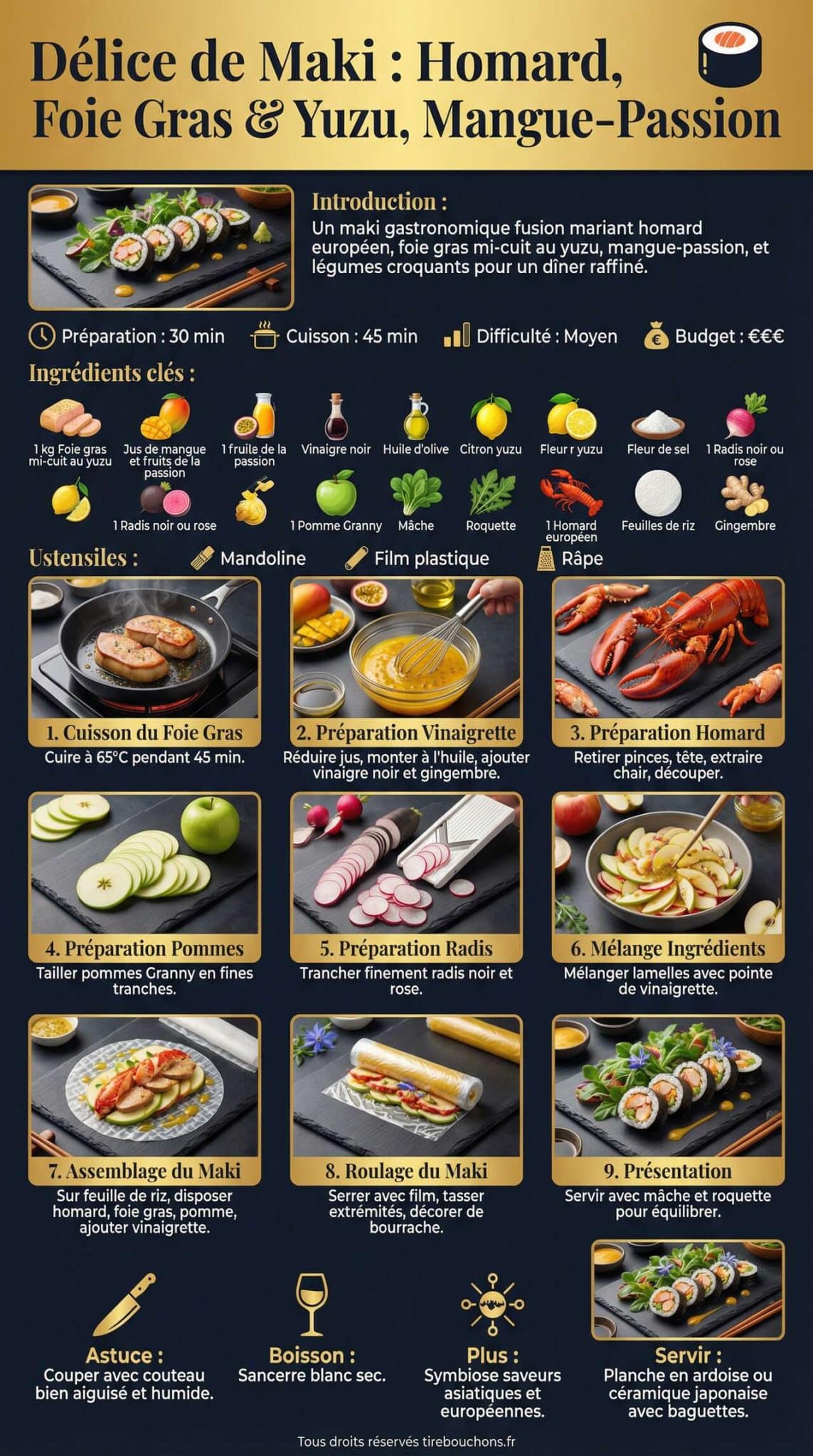 Fiche recette D&eacute;lice de maki : homard, foie gras et yuzu, mangue-passion