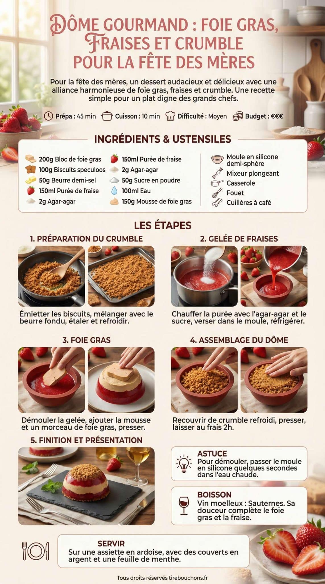 Fiche recette D&ocirc;me gourmand : foie gras, fraises et crumble pour la f&ecirc;te des m&egrave;res