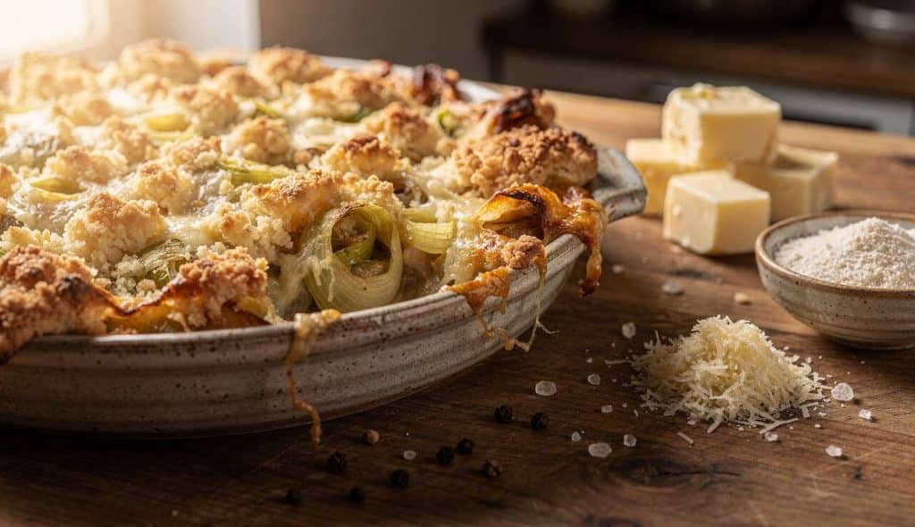 Crumble salé poireaux et parmesan : recette gourmande