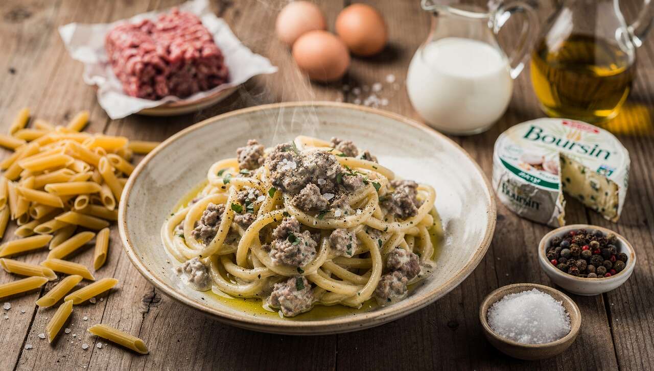 Pâtes au bœuf haché et sauce crémeuse au Boursin