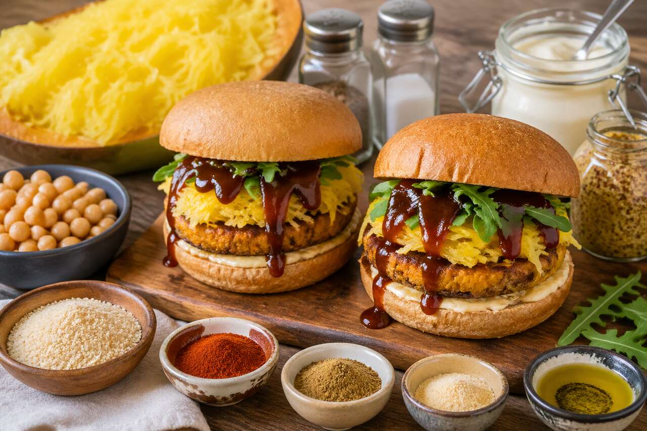 Burger végétarien : courge spaghetti et sauce barbecue