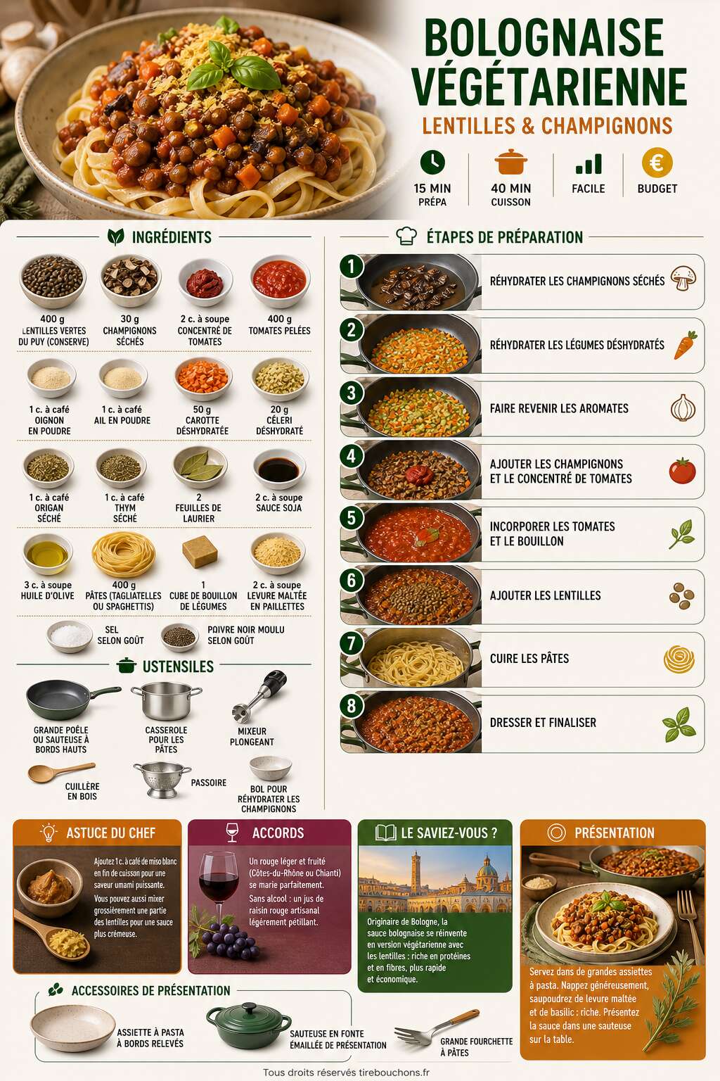 Fiche recette Bolognaise v&eacute;g&eacute;tarienne : lentilles et champignons