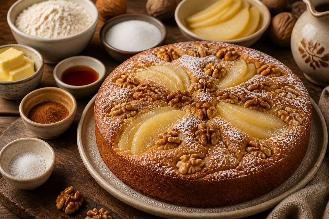 Gâteau aux poires et noix : recette facile et savoureuse