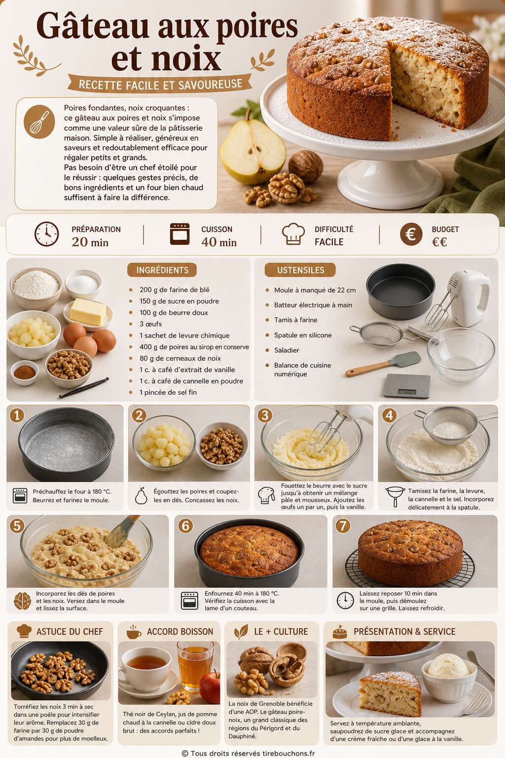 Fiche recette G&acirc;teau aux poires et noix : recette facile et savoureuse