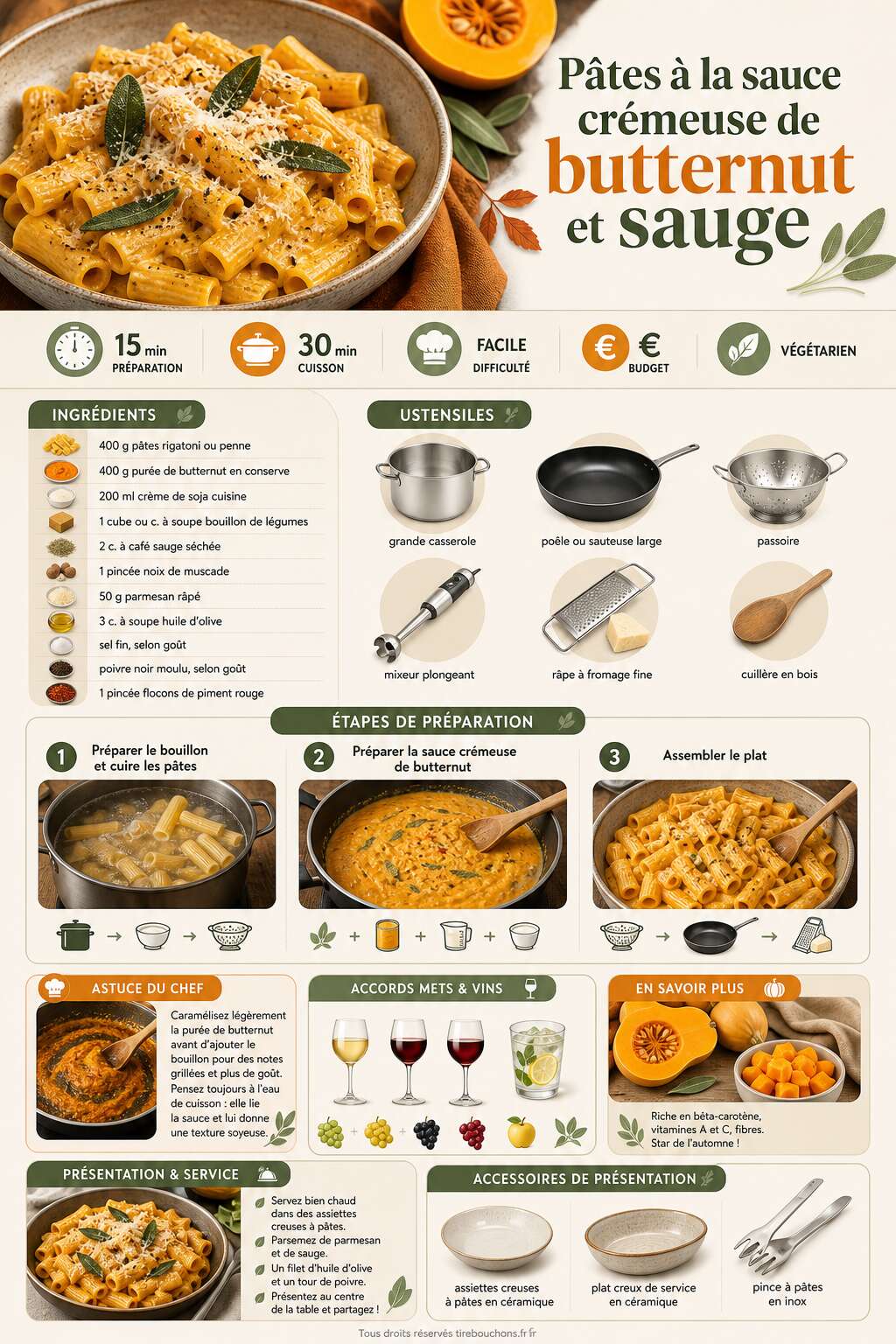 Fiche recette Pâtes à la sauce crémeuse de butternut et sauge Fiche recette Pâtes à la sauce crémeuse de butternut et sauge