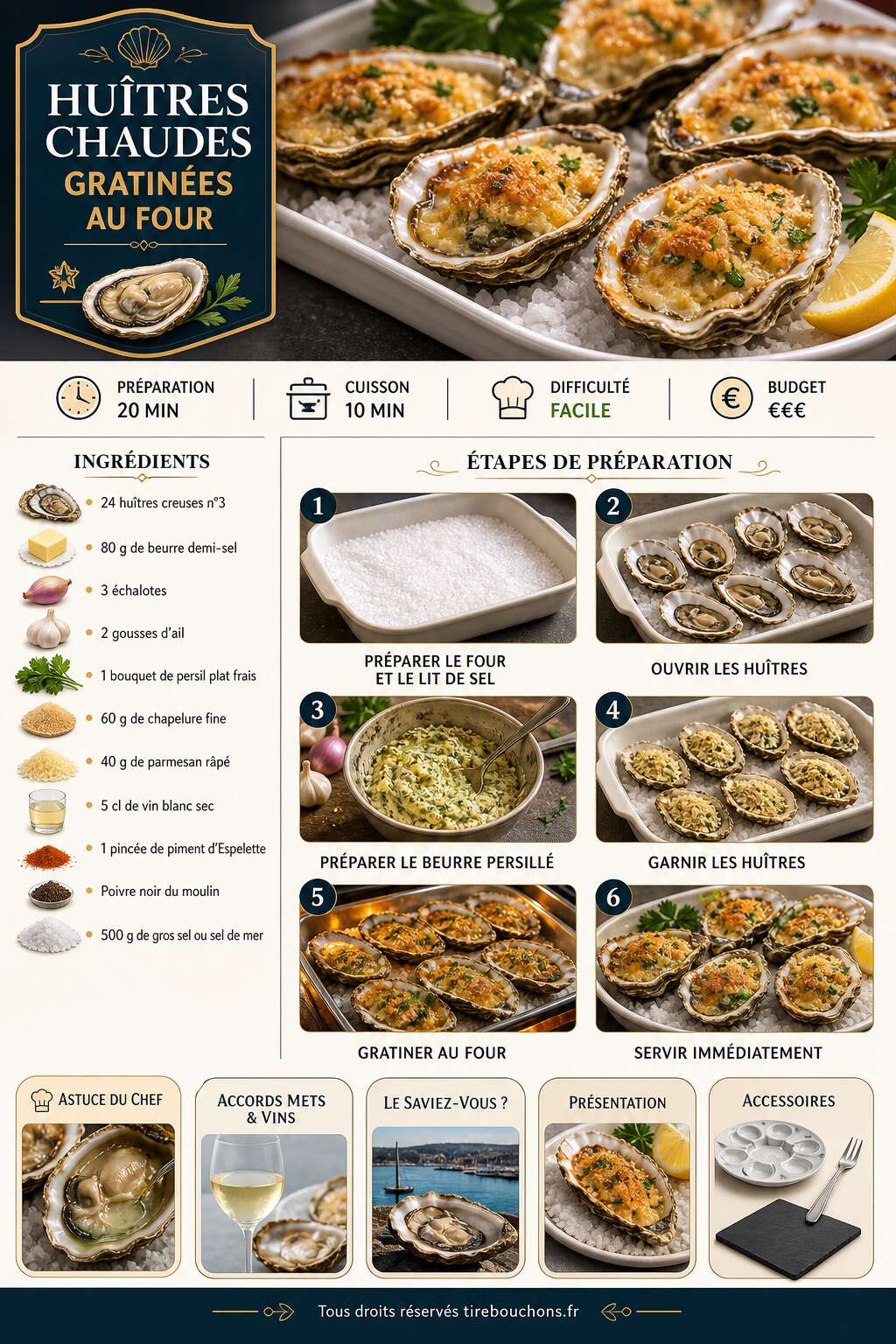 Fiche recette Hu&icirc;tres chaudes gratin&eacute;es au four : recette savoureuse