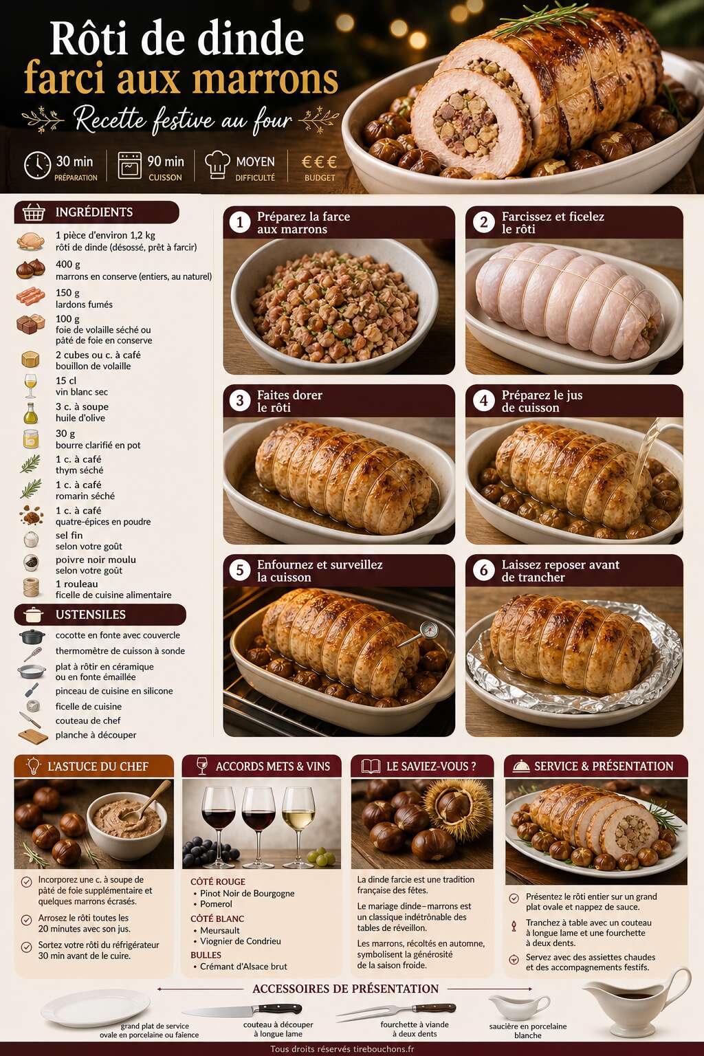 Fiche recette R&ocirc;ti de dinde farci aux marrons : recette festive au four