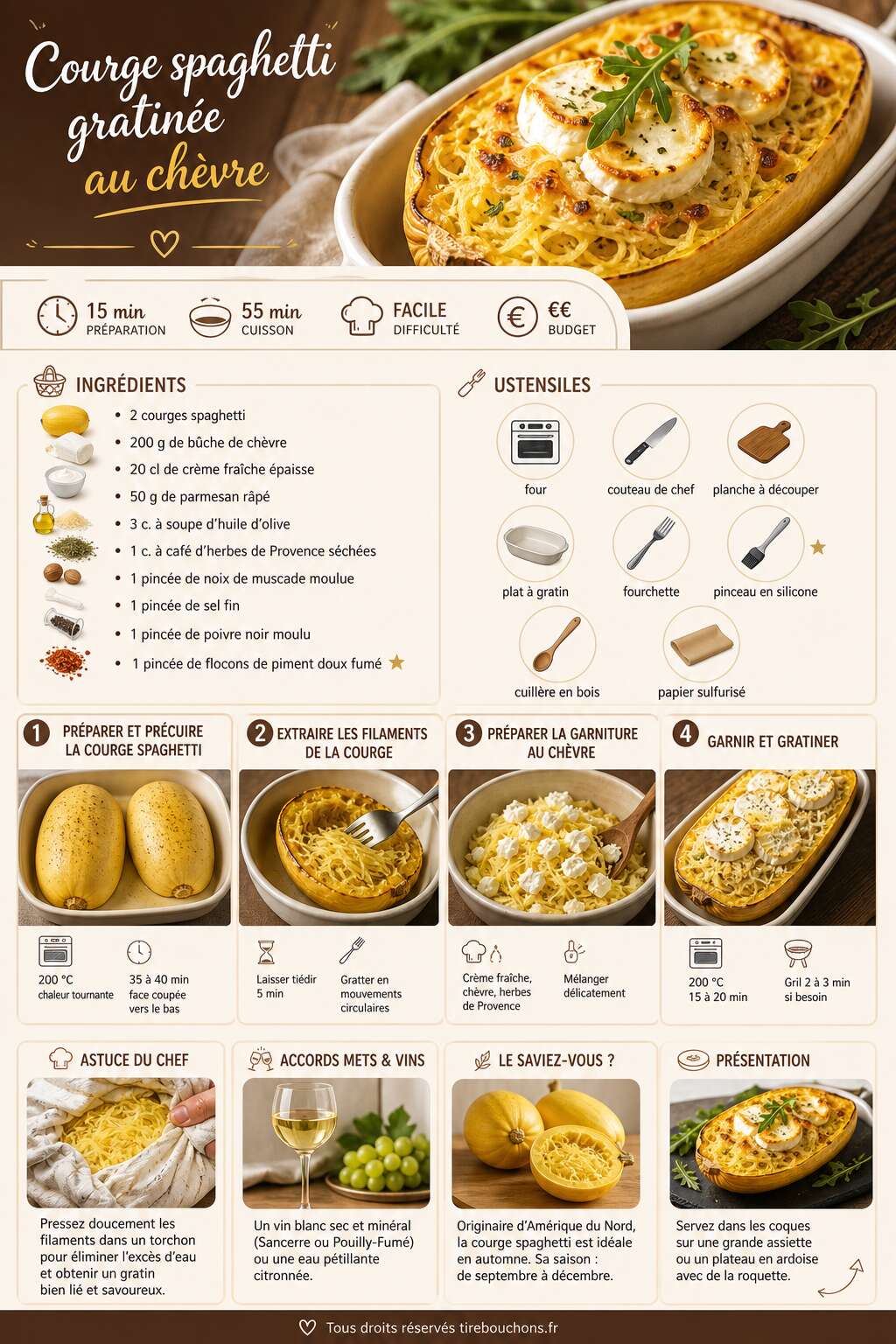Fiche recette Courge spaghetti gratinée au chèvre : recette facile au four Fiche recette Courge spaghetti gratinée au chèvre : recette facile au four
