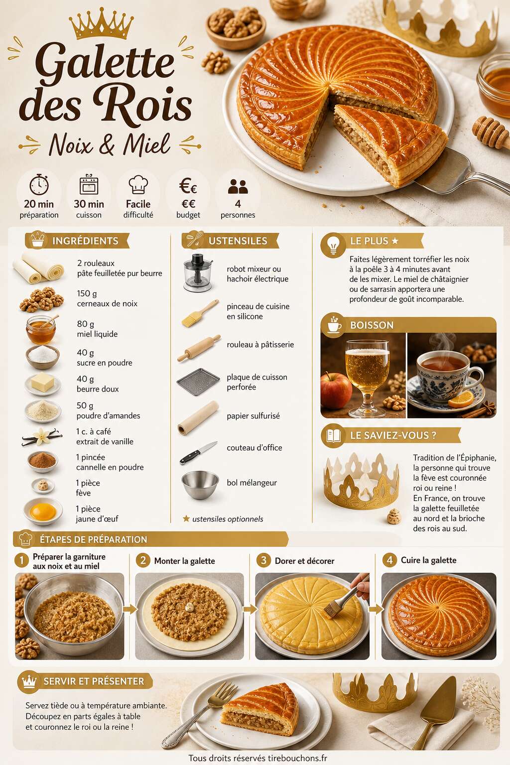 Fiche recette Recette galette des rois : noix et miel Fiche recette Recette galette des rois : noix et miel