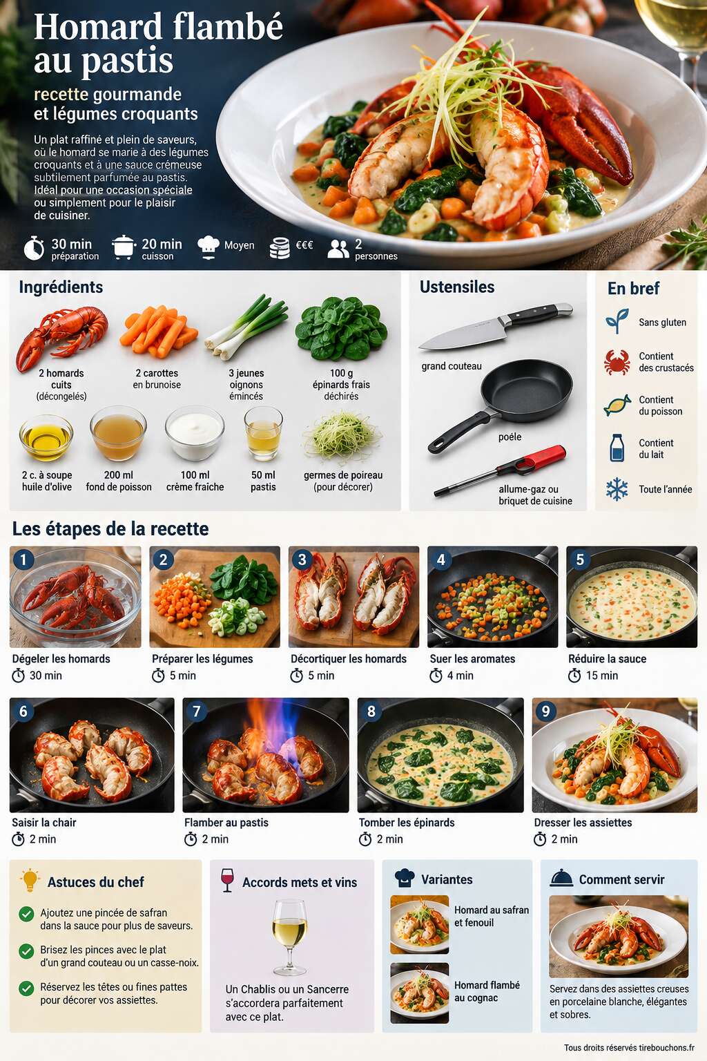 Fiche recette Homard flamb&eacute; au pastis : recette gourmande et l&eacute;gumes croquants