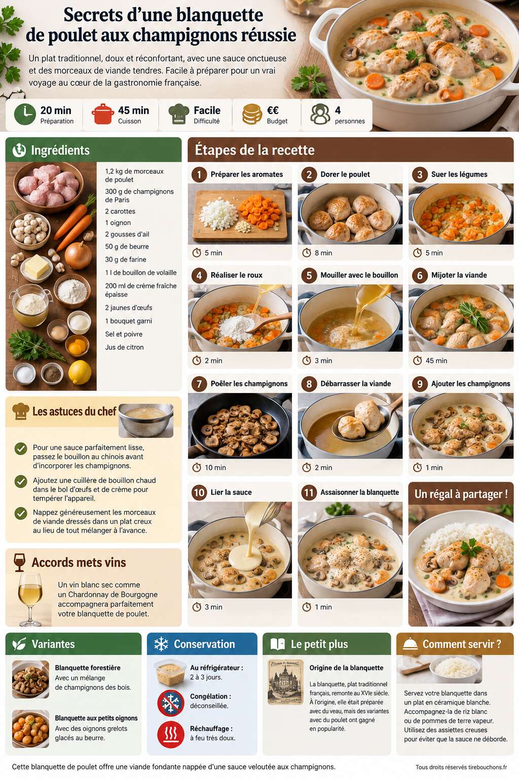 Fiche recette Secrets d'une blanquette de poulet aux champignons réussie Fiche recette Secrets d'une blanquette de poulet aux champignons réussie